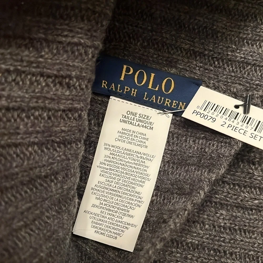 Brand New Polo Ralph Lauren 2-Piece Knit Beanie Hat & Scarf Set Gray Wool Pony